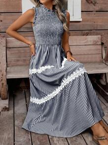 LanaWest 度假休闲条纹蕾丝边无袖连衣裙 - 藏蓝色 - 查看 6