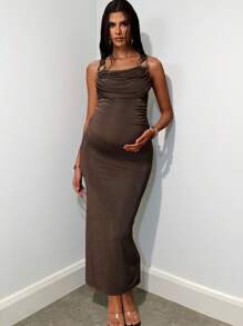 MaterniChic 孕妇装女士紧身蕾丝镂空花卉印花棕色金属扣高开衩连衣裙，适合春夏季度假