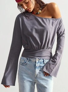 Bohemela 波西米亚风美式休闲纯色针织单肩喇叭袖女式T恤 - 灰色 - 查看 1