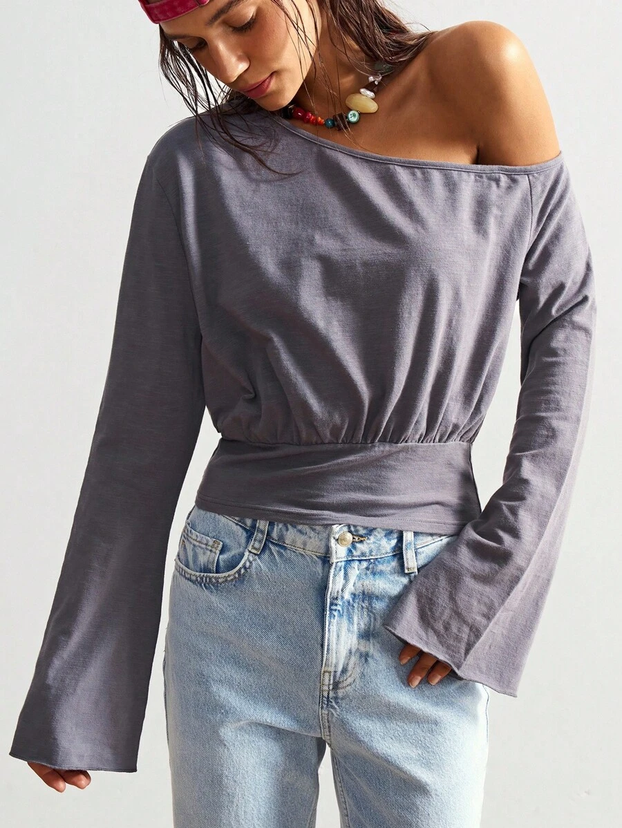 Bohemela 波西米亚风美式休闲纯色针织单肩喇叭袖女式T恤 - 灰色 - 查看 1