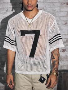 AXEPEAK 男士数字条纹镂空V领短袖针织上衣 - 白色 - 查看 6