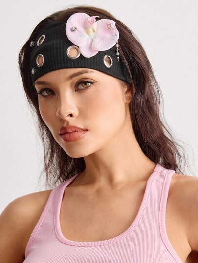 Grunge Punk 1pc Punk Style Hollow Chain Headband, Y2K Floral Crystal Elastic Headband In Pink, Versatile Hair Accessory