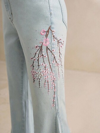 Anewsta بنطلون جينز أزرق للنساء مطرز وزخرف بالراين ستايل الشارع الأنيق