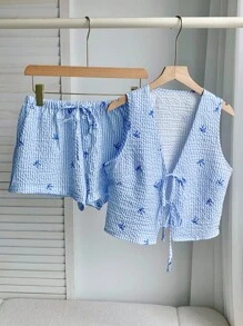 Comfortcana Conjunto de camiseta de tirantes y pantalones cortos a rayas con lazo para mujer - Celeste - Ver 3