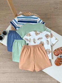 6 件套男婴夏季休闲度假海滩风格树叶和条纹印花 T 恤和短裤套装 - 彩色 - 查看 2