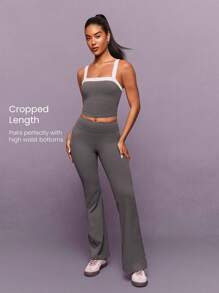 GLOWMODE FeatherFit™ Débardeur court rétro doux et élastique, évacuant la transpiration, avec bonnets amovibles, dos en V profond, bicolore. Adapté au yoga, au Pilates, à la barre, au gym, à l'usage quotidien et décontracté. - Gris foncé - Voir 5