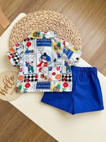 SHEIN 2 件套婴儿男童/女童休闲百搭可爱卡通图案短袖 Polo 衫和松紧腰短裤适合夏季、春夏穿着