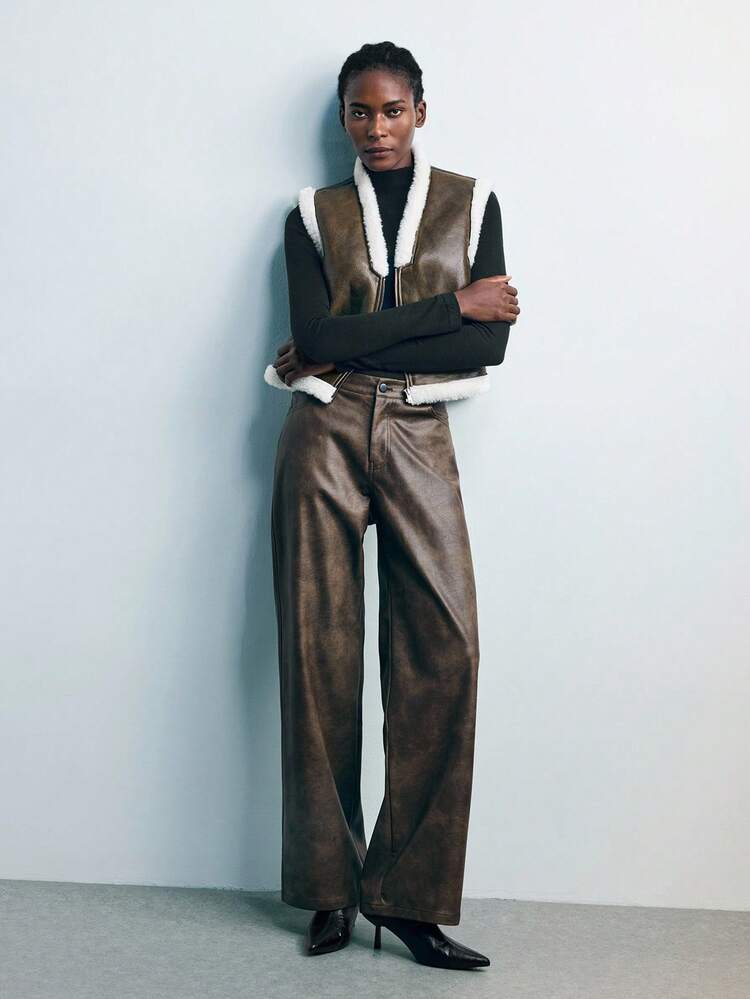 SHEIN Maija Women's Sleeveless Vest With Faux Fur Collar Trim, Autumn Winter Autumn For Women Autumn For Women Brown Old Money Brown Casual Blouses For Women Winter For Women Thanksgiving For Women Party Halloween Costume Women New Year Women Cozy Fall And Winter For Women