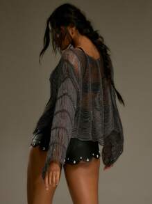 MUSERA 斜领破洞流苏串珠长袖上衣，西部乡村街头风，节日优雅Y2K性感可爱90年代波西米亚风，中西部冬季工作办公室时尚春季毛衣，夏季春季 - 灰色 - 查看 4