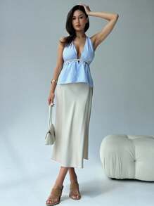 Aloruh 全新条纹贝壳织带装饰系带前露背吊带上衣 - 藍色 - 查看 5