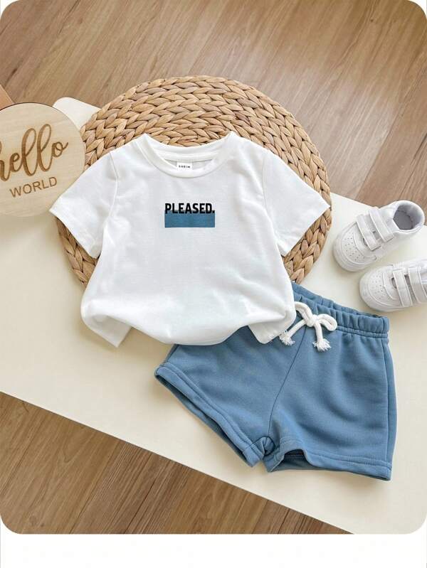 SHEIN 2 piezas Conjunto de camiseta de manga corta y pantalones cortos de contraste de color para niños pequeños, estilo casual universitario, cómodo, de moda minimalista y versátil, adecuado para uso diario, escuela, salidas, deportes, primavera/verano