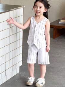 两件套女童夏季条纹V领上衣和阔腿短裤套装，女童夏季服装，女童两件套，女童夏季套装，细条纹套装，女童上衣和短裤套装，女童套装，校服上衣，女童校服，校服上衣，校服上衣 - 彩色 - 查看 1