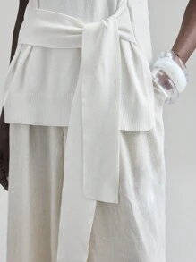 Ontre 2025 New Women's Clothing, Autumn/Winter Apparel, All Season Wear, Winter Clothing, Back To School Outfits, Halloween & Christmas, Women's Teacher Attire, Outerwear, Night Out Dresses, Wedding Guest Dresses, Elegant Wedding Guest Outfits, Church Attire, Women's Business Casual, Versatile Commuter Fashion, Office Tea Party, Independence Day Office Looks, Summer 2025 Solid Color Knotted Waist Side Slit Hem Sleeveless Knit Top - White - View 7