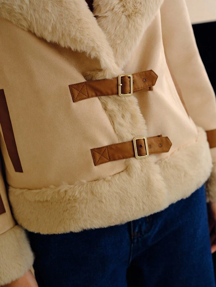 CHIC FAUX FUR COLOR BLOCK LAPEL SHORT COAT, AUTUMN/WINTER