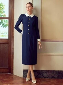 ZEYLAH 女士金属装饰撞色领泡泡袖优雅中长连衣裙 - 藏蓝色 - 查看 6