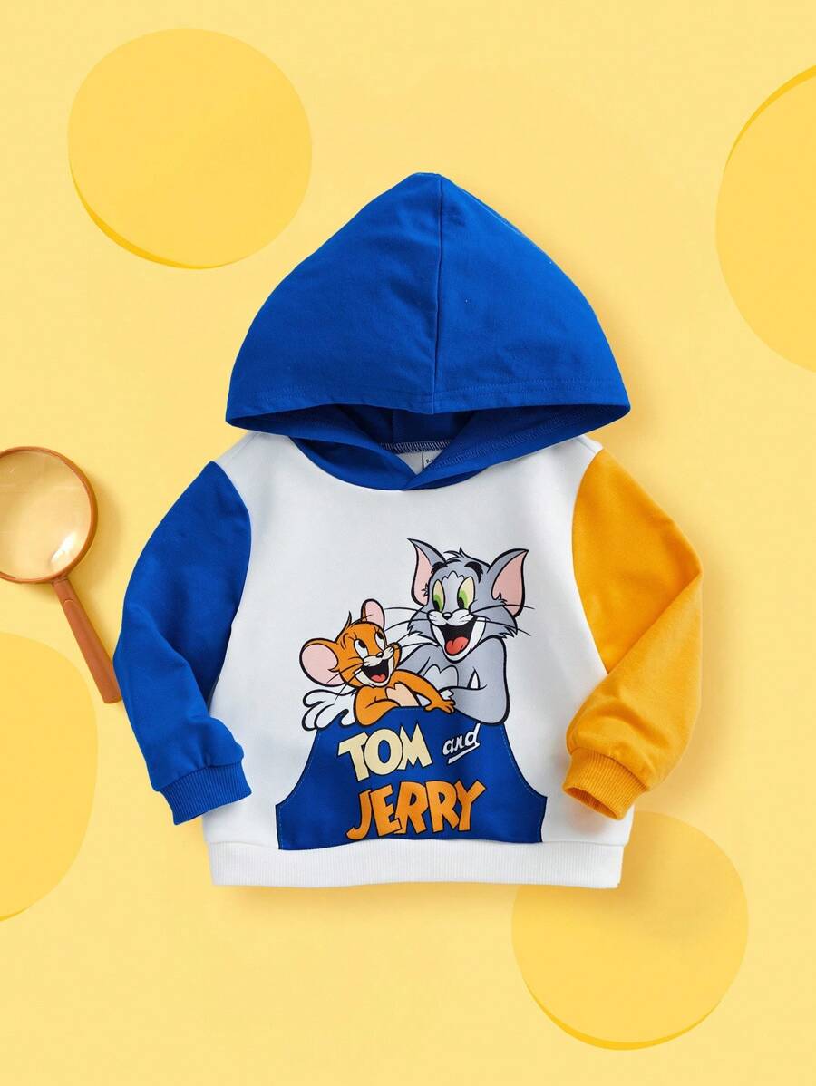 TOM & JERRY X SHEIN Baby Boy Cartoon Pattern Pocket Print Colorblock Hooded Sweatshirt, Suitable For Spring, Autumn And Winter Fall