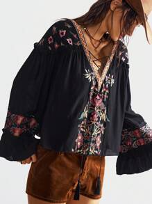 Bohemela Vacation Casual Embroidered V-Neck Blouse For Women - Black - View 5