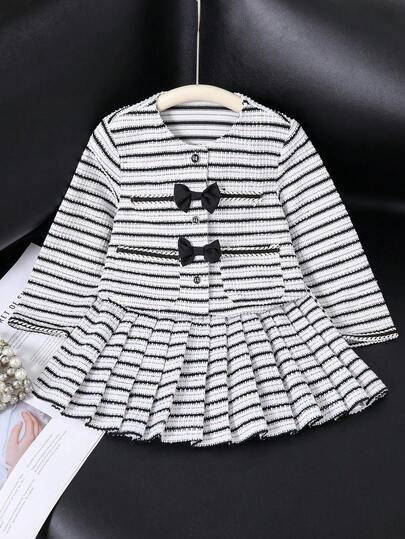2pcs/Set Young Girls Colorblock Striped Bow Decor Long Sleeve Jacket & Skirt Outfit Black And White Striped Skirt Girls Striped Skirt Long Sleeve Girls Skirt Toddler Girl Black And White Skirt Girls Black Bow Skirt Fall Winter
