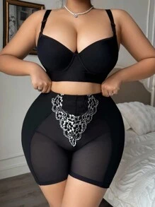 SHEIN 大码休闲系列蕾丝拼布网眼塑身裤 - 黑色 - 查看 6