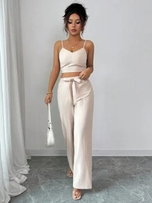 SHEIN PETITE 女款休閒純色高腰吊帶背心與寬腿褲套裝，小個女款度假白色亮片夏季 - 卡其色 - 查看 4