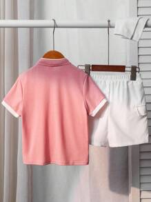 SHEIN 2pcs/Set Young Boys Comfortable Stand Collar Contrast Color Casual Fashion Everyday Matching Knit Polo Shirt And Woven Shorts, Suitable For Spring/Summer, Suitable For Daily Wear, Sports, Outdoor, School, Party, Holiday, Photo Shooting - Pink - View 2