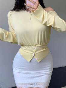 SHEIN LUNE New Casual Slouchy Asymmetrical Shoulder Long Sleeve T-Shirt Fall Cloth For Women - Yellow - View 7