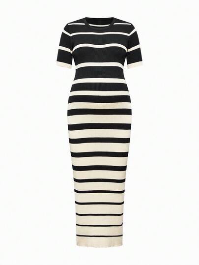 SHEIN Vestido de punto ajustado de manga corta y cuello redondo a rayas para maternidad