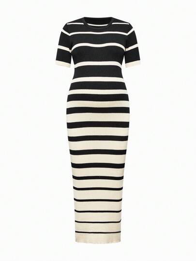 SHEIN Vestido de punto ajustado de manga corta y cuello redondo a rayas para maternidad