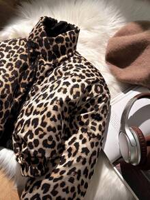 SHEIN Tween Girls Reversible Leopard Print Black Zip-Up Long Sleeve Padded Coat Fall Winter - Black - View 4