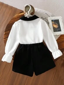 Elladie kids 2件套小女孩彼得潘领彩色衬衫和短裤，带蝴蝶结装饰 - 黑色 - 查看 2