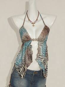 SHEIN ICON 女式豹纹不对称下摆无袖上衣，复古豹纹露背吊带背心 - 彩色 - 查看 3