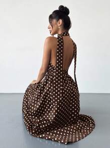 Firerie 女式复古波尔卡圆点 V 领露背喇叭腰中长连衣裙，适合情人节、音乐会、表演、约会、派对、婚礼、性感、优雅、通勤、返校、度假、海滩、浪漫 - 棕色 - 查看 5