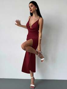 Firerie 女士优雅约会、度假、婚礼季节细肩带垂坠领口金属装饰交叉露背褶皱杏色纯色长裙 - 酒紅色 - 查看 6