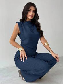 Firerie 卡其色简约优雅休闲通勤办公室服装：无袖不对称褶皱腰女式衬衫 + 常规褶皱阔腿女式裤子、亚麻通勤套装、女士沙滩装、机场装、度假装、教师装 - 藏蓝色 - 查看 8