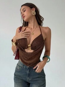 Aloruh 休闲夏季时尚性感吊带系带露背女式衬衫 - 棕色 - 查看 6