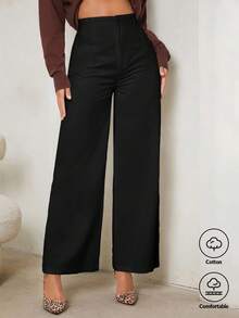 SHEIN Tall Women's Casual High Waist Wide Leg Pants, Solid Color Black Pants,Fall, Tall Women - Black - View 6