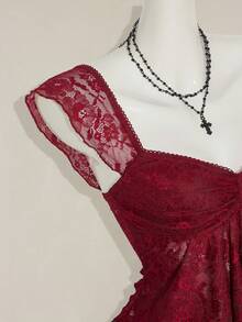 SHEIN ICON Women's Ruched Front Fitted Sexy Lace Patchwork Cap Sleeve Backless Casual Vacation Cropped Camisole Burgundy Lace Top - Burgundy - View 10