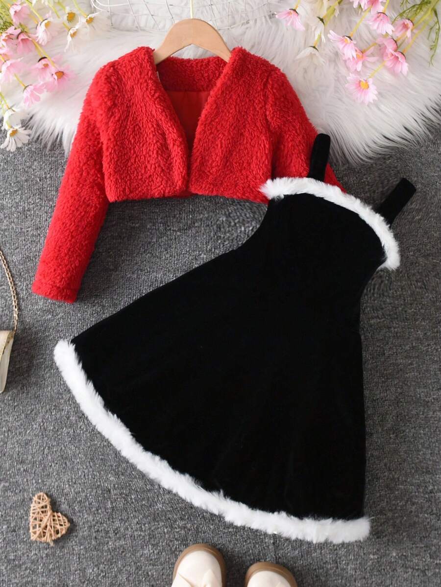 SHEIN 2件組少女聖誕紅色毛絨外套與黑色洋裝套裝,少女毛絨毛衣套裝,節日冬季秋季兩件式套裝 - 彩色 - 查看 1
