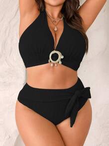 Swim Vcay Conjunto de Traje de Baño de Moda Estilo Separado Minimalista Verde Menta Talla Grande, Adecuado para el Verano - Negro - Ver 3
