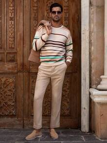 Manfinity NXTstreet 男士落肩长袖条纹宽松圆领毛衣男士条纹毛衣男士针织上衣男士套头衫复古毛衣男士条纹毛衣男士男士套头衫男士条纹针织衫男士毛衣，秋冬 - 彩色 - 查看 2