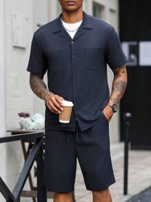 Manfinity Homme Men's Solid Color Lapel NeckShort Sleeve Shirt And Shorts Casual Suit - Apricot - View 5