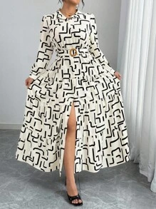 Flirla Damen Große Größen Geometrisches Muster Langarm Rüschen Saum Lässig Hemdkleid - Aprikosenfarben - Übersicht 6