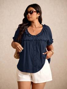 Elaquor Plus Size Women's Solid Color Frill Trim Round Neck Single-Breasted Short Sleeve Casual Shirt Spring To Summer - Navy Blue - View 6