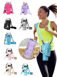 1 件带手机袋的水瓶袋，适用于 40/30 盎司带手柄的玻璃杯，带可调节肩带，钥匙钩，适合徒步旅行露营运动水瓶套隔热袋斜挎包 - 彩色 - 查看 1