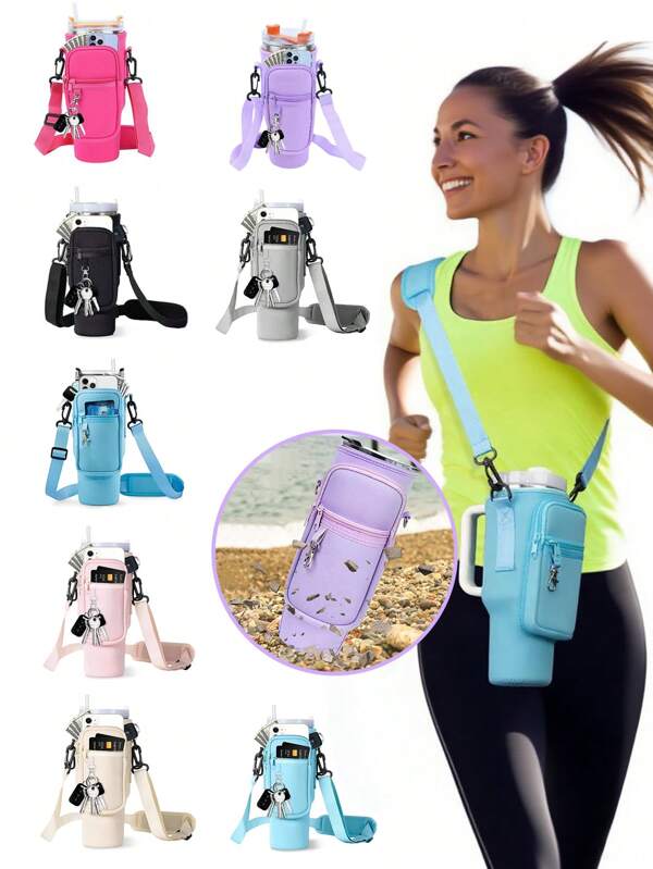 1pc Water Bottle Carrier Bag With Phone Pocket,Suitable For 40/30 Oz Tumbler With Handle With Adjustable Strap Bollus,Key Hook,Suitable For Hiking Travelling Camping Sports Water Bottle Case Insulated Bag Crossbody