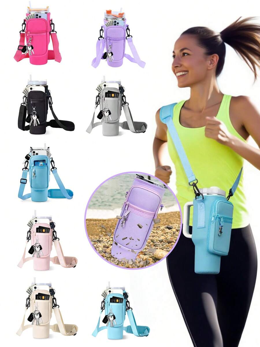 1 件带手机袋的水瓶袋，适用于 40/30 盎司带手柄的玻璃杯，带可调节肩带，钥匙钩，适合徒步旅行露营运动水瓶套隔热袋斜挎包 - 彩色 - 查看 1