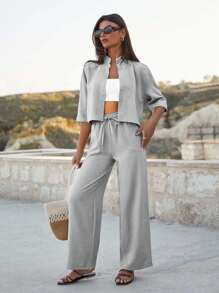 EURMUSE Women Cotton Crop Shirt & High Waist Pants Set - Light Grey - View 3