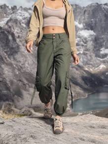 SHEIN Unity 女式工装口袋休闲抽绳宽松牛仔裤 - 軍綠色 - 查看 4