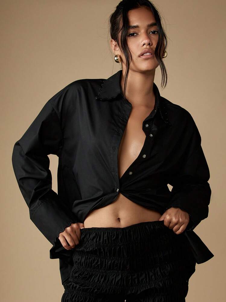 MISSGUIDED Oversized Scallop Collar Button Down Long Sleeve Blouse Casual Office Wear Tailored Fit Professional Work Wear Autumn Winter Button Up Shirt - Black - View 1