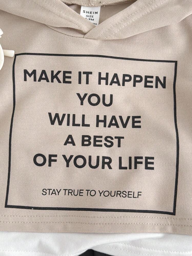 2pcs/Set Baby Boy/Girl Casual Letter Print Oversized Hooded Short Sleeve T-Shirt And Contrast Pocket Strap D-Ring Shorts Set, Suitable For Spring & Summer Outings - Khaki - View 5